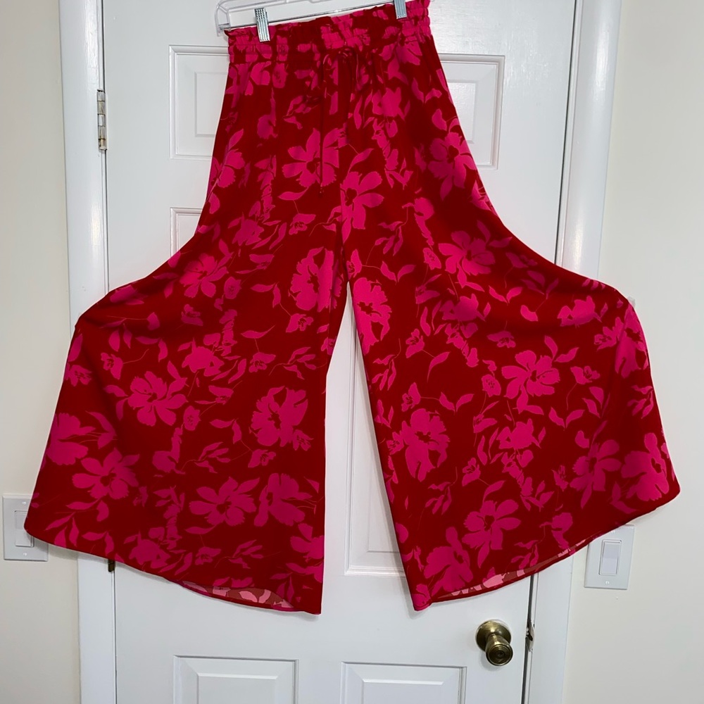New! Floral Print Wide-Leg Flowy Red Palazzo Pants